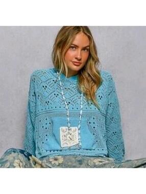 POL Women's Hoodie Size Small Blue Hooded Shells Crochet Knit Top Coastal